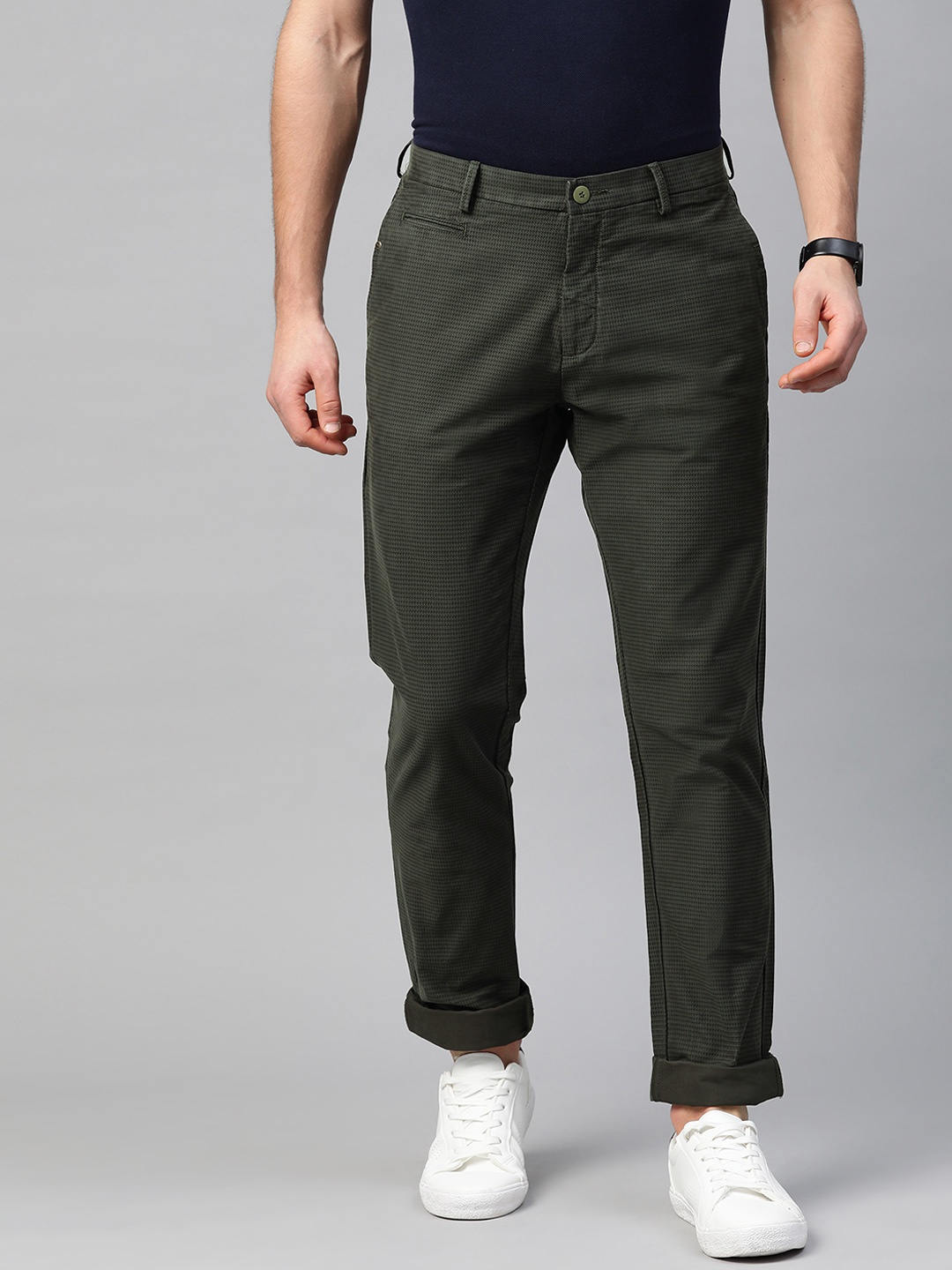 

Blackberrys Men Olive Green & Black Roger Slim Fit Printed Regular Trousers