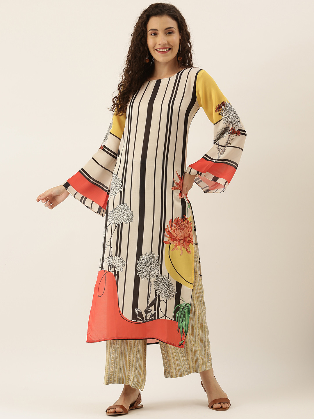 

Tikhi Imli Women Off-White & Black Striped Straight Kurta With Floral Prints