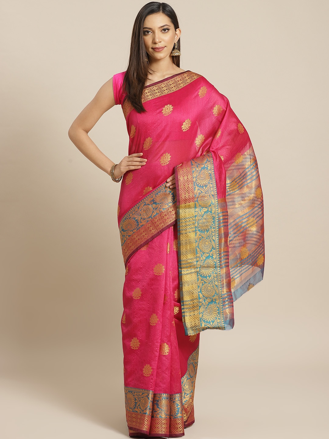 

Mitera Pink & Golden Woven Design Saree