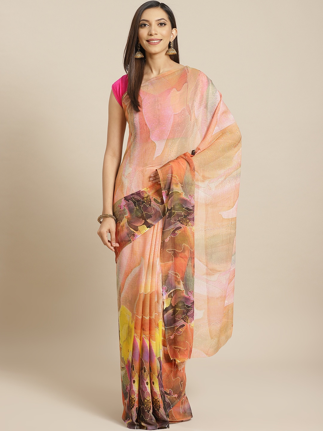 

KALINI Peach-Coloured & Mustard Yellow Abstract Printed Saree