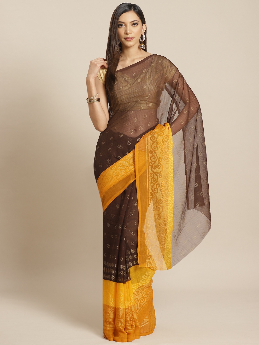 

Mitera Brown & Mustard Yellow Brasso Printed Saree
