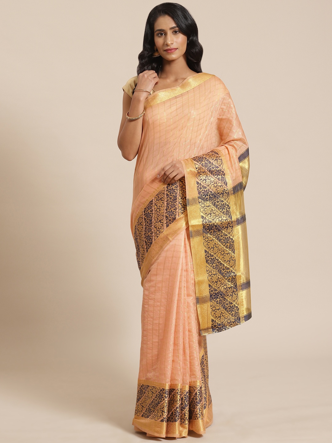 

Mitera Peach-Coloured & Golden Checked Saree With Zari Detail