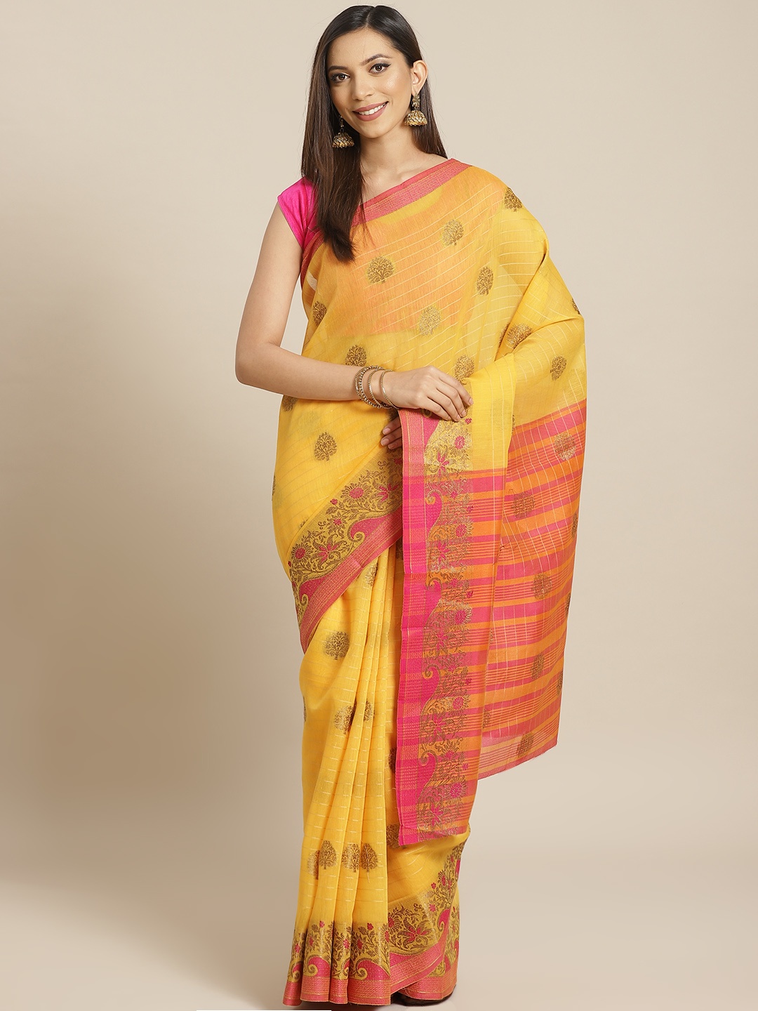 

Mitera Yellow & Golden Zari Woven Design Saree
