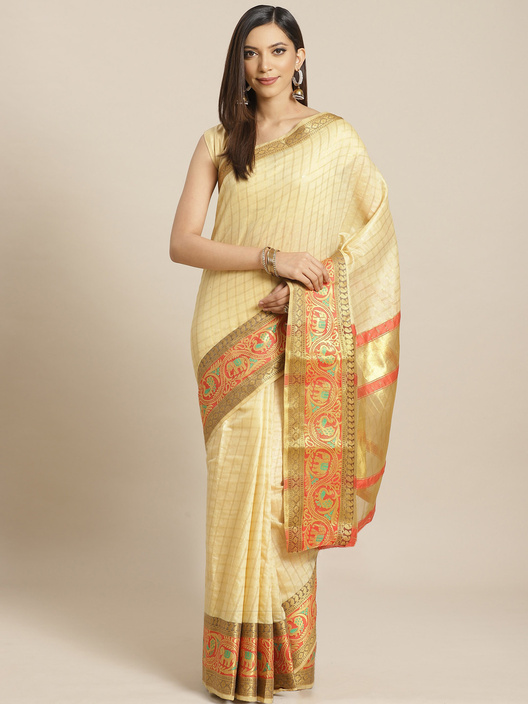 

Mitera Cream-Coloured & Golden Zari Checked Saree