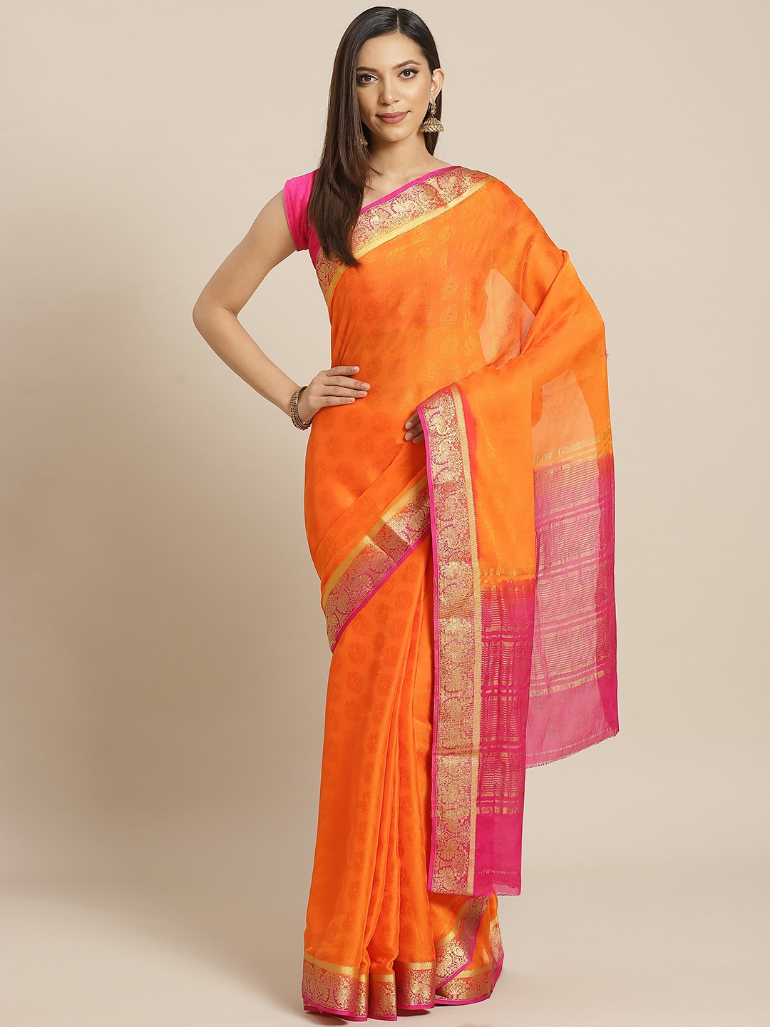 

Mitera Orange & Pink Woven Design Saree