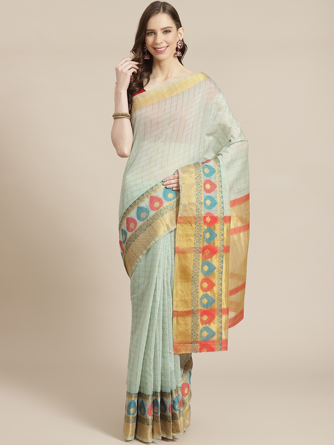 

Mitera Sea Green & Golden Checked Saree