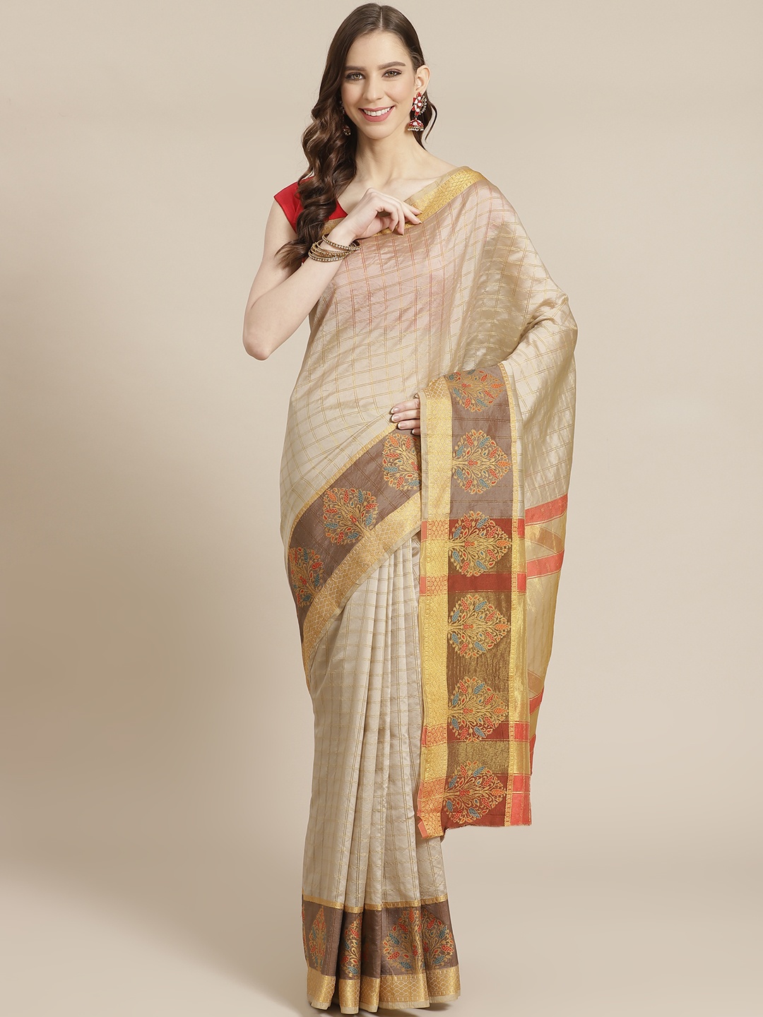 

Mitera Grey & Golden Checked Saree