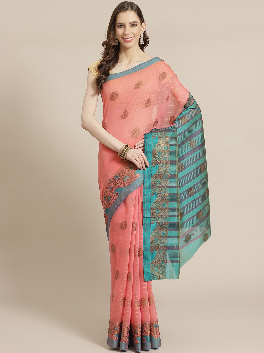 

KALINI Peach-Coloured & Golden Woven Design Saree