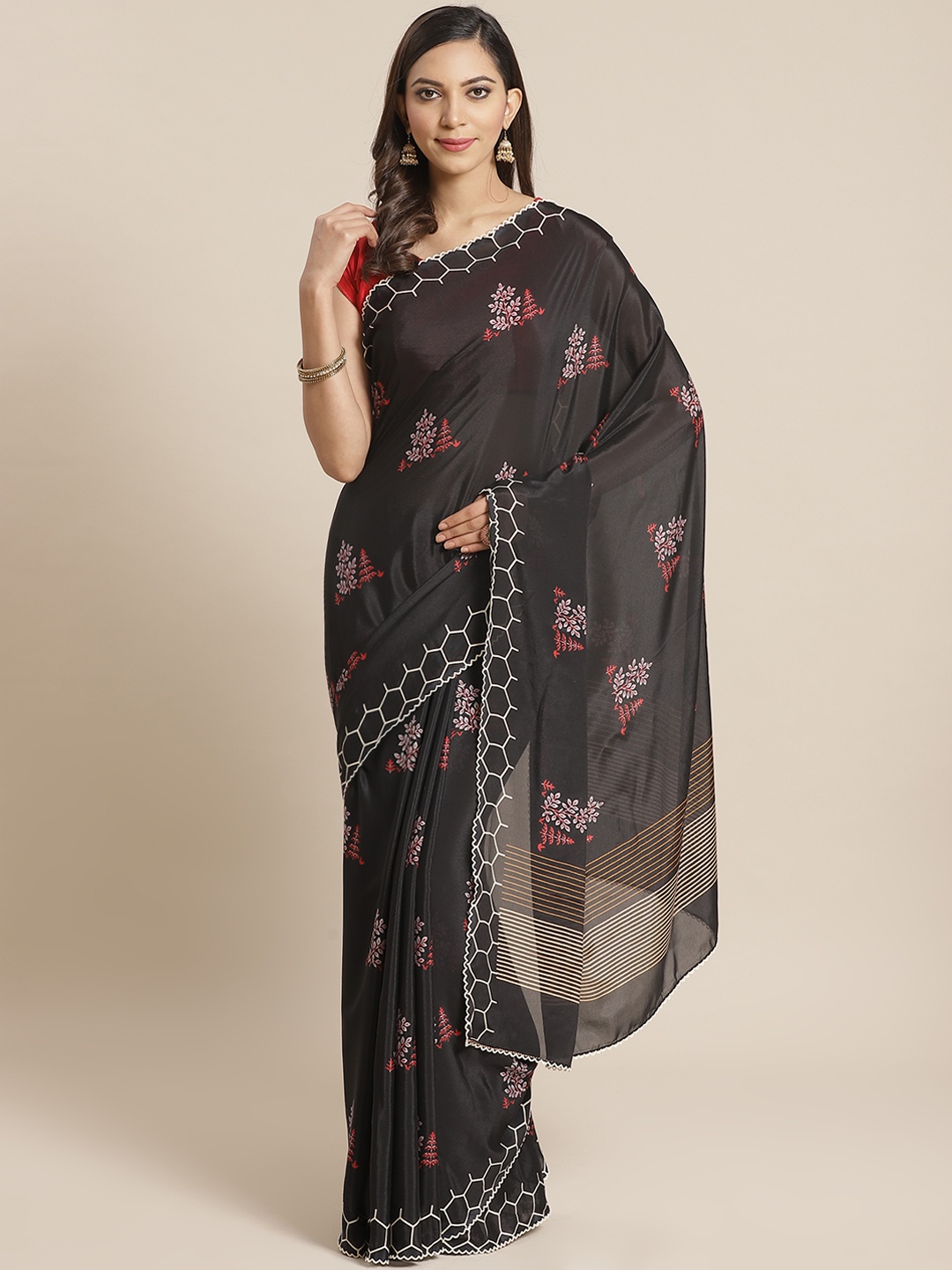 

Mitera Black & Pink Floral Printed Saree