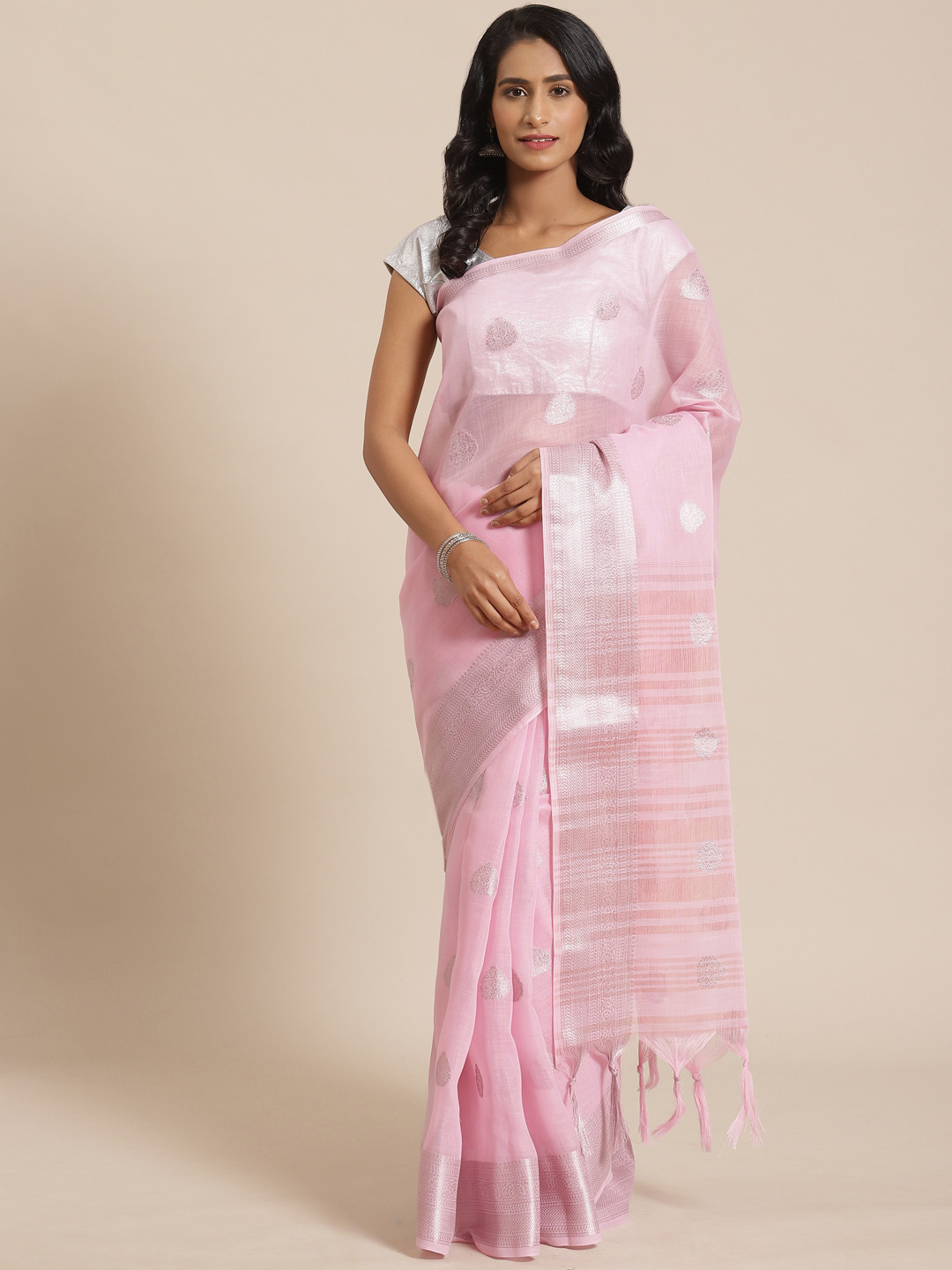 

KALINI Pink & Silver Ethnic Motifs Zari Woven Design Saree