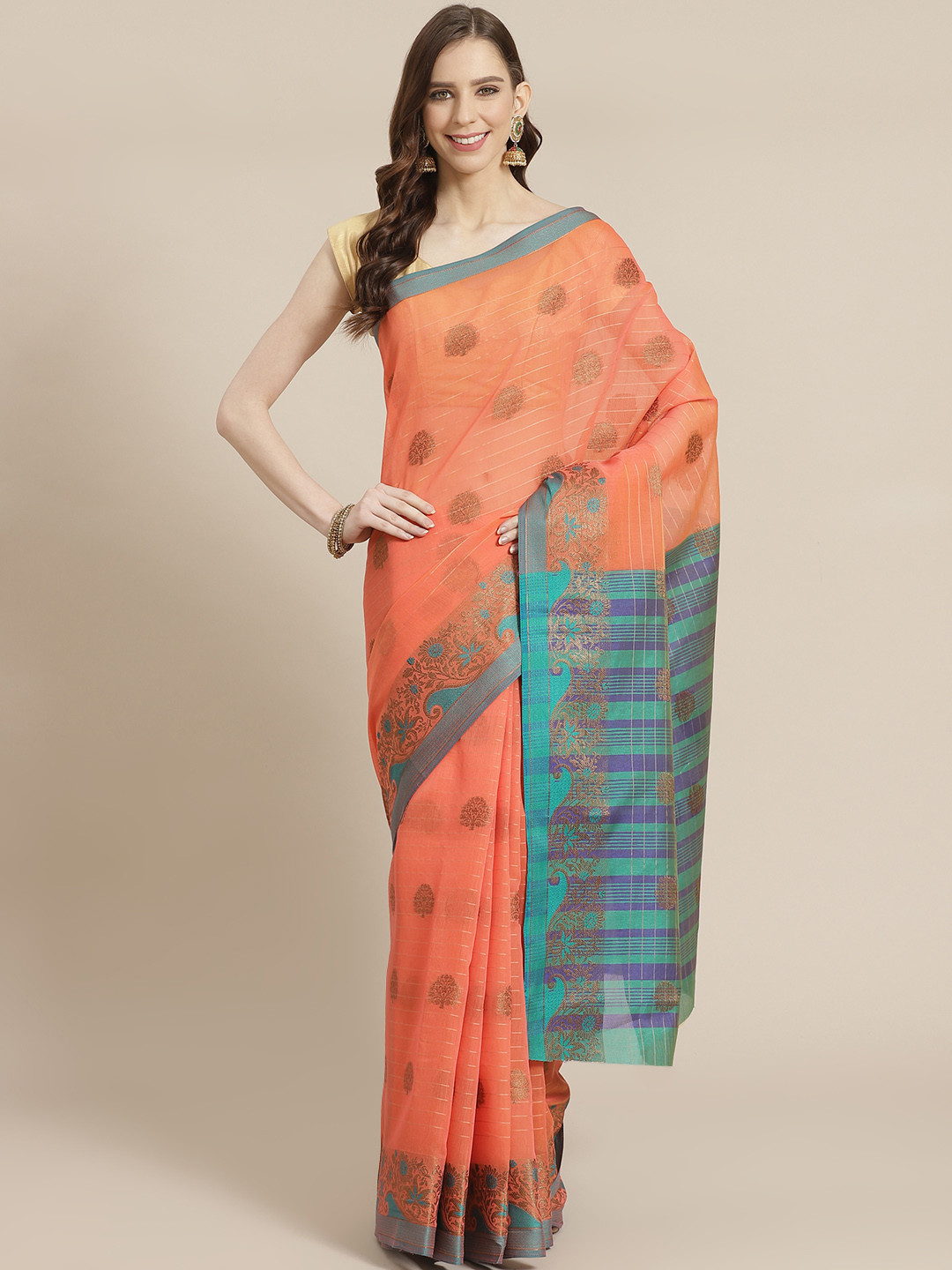 

Mitera Orange & Green Woven Design Saree