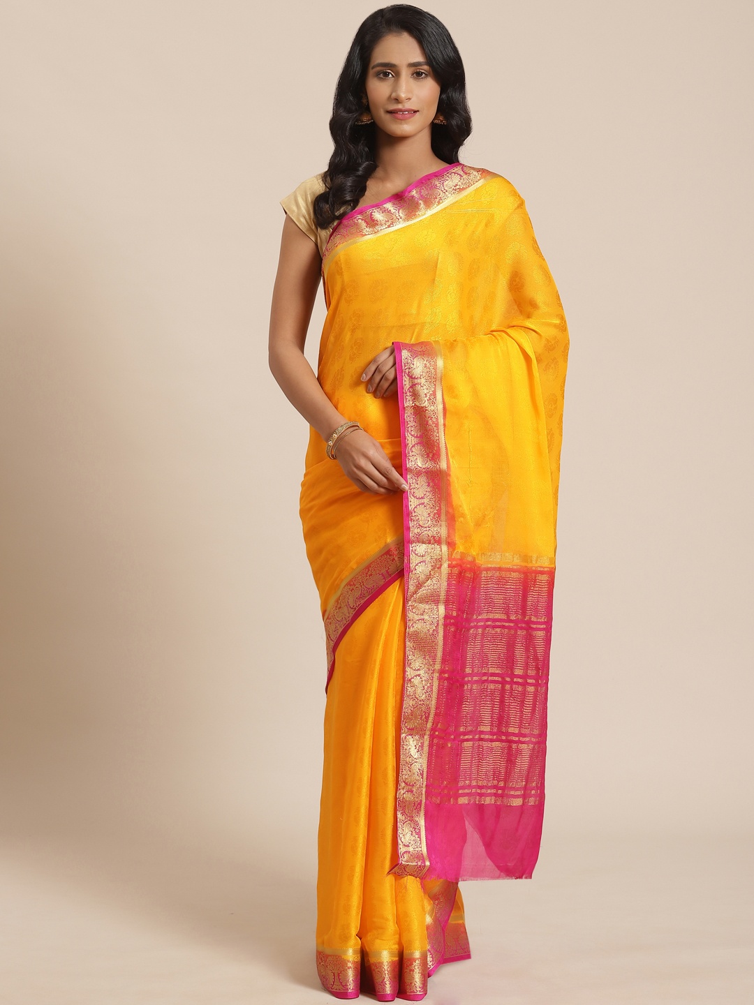 

KALINI Yellow & Pink Woven Design Saree