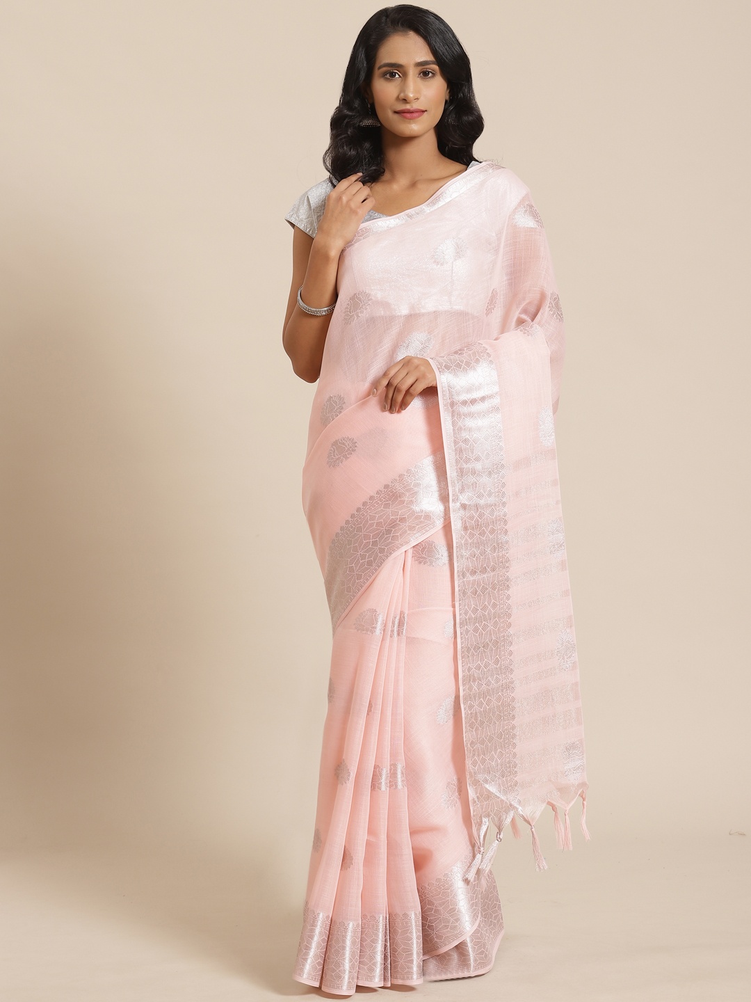 

Mitera Peach-Coloured & Silver Woven Design Saree