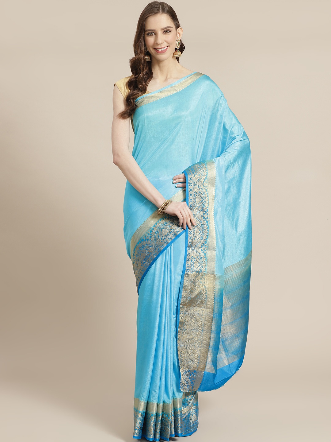 

Mitera Blue & Golden Solid Saree
