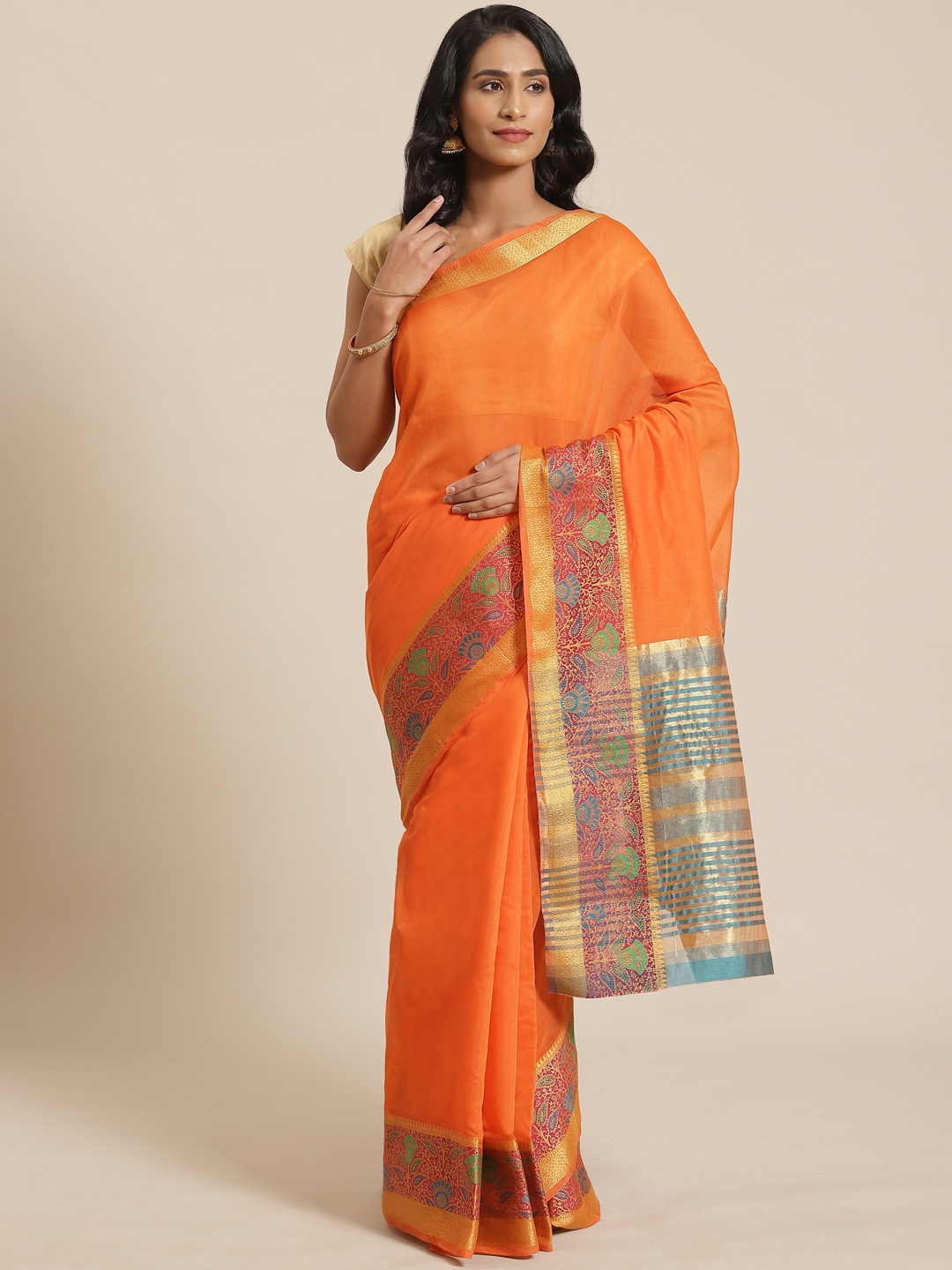 

Mitera Orange & Pink Woven Design Saree