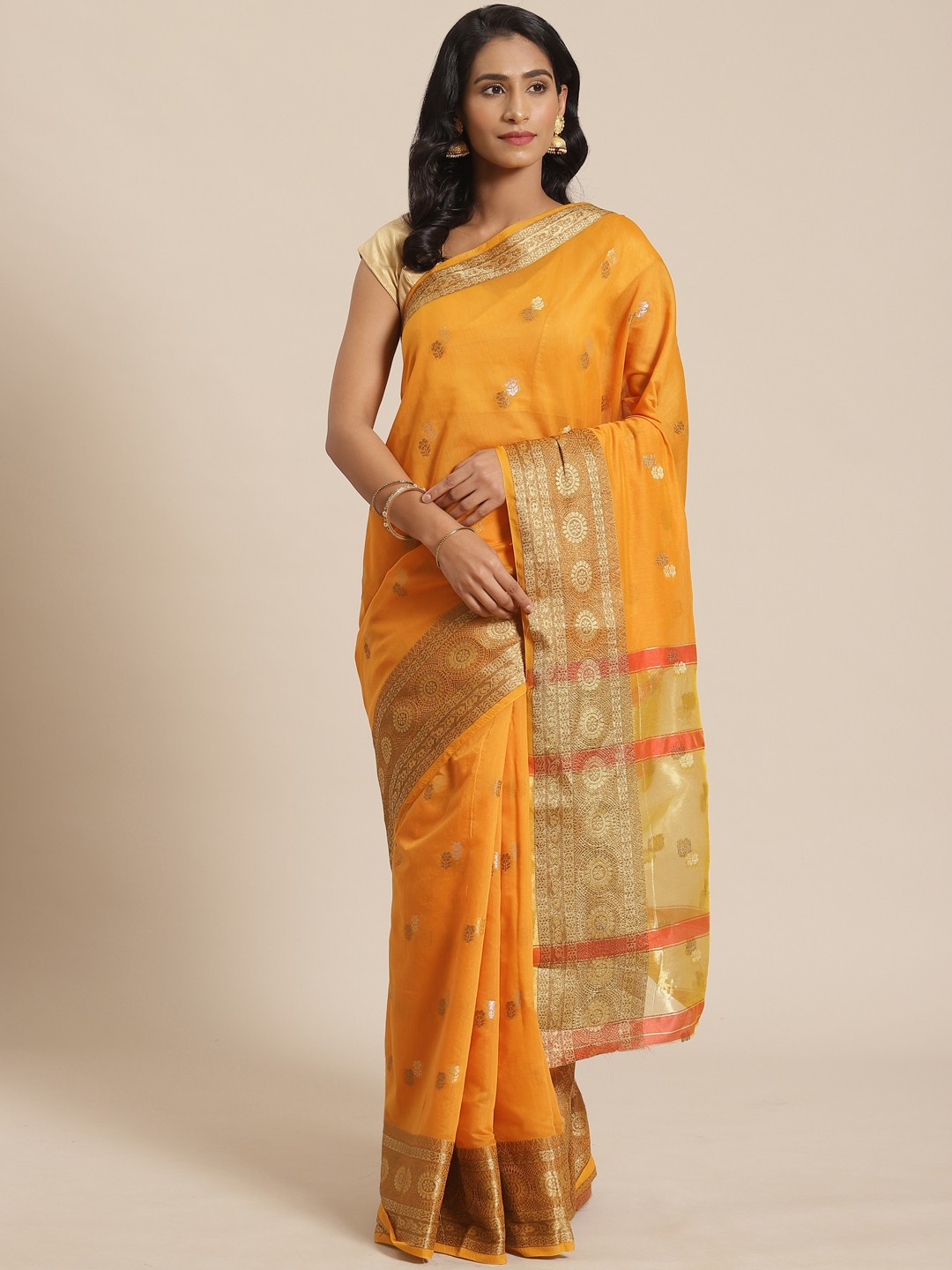 

Mitera Mustard & Gold-Toned Woven Design Saree