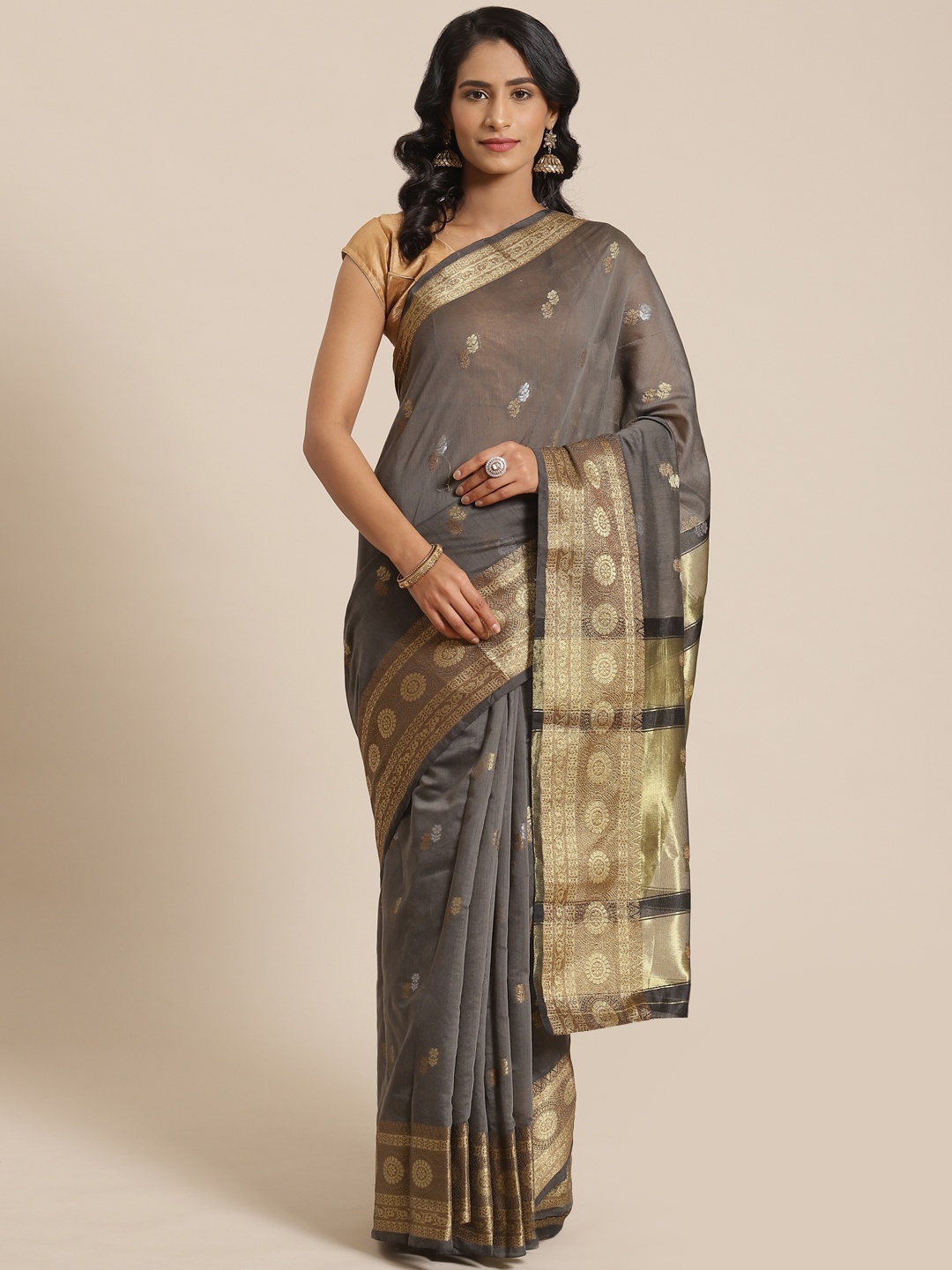 

Mitera Charcoal Grey & Golden Woven Design Saree