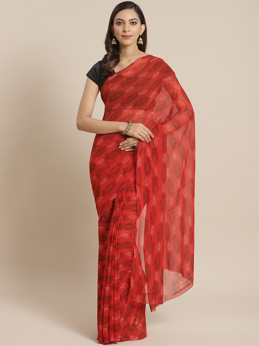 

KALINI Red & Black Ethnic Motifs Print Saree