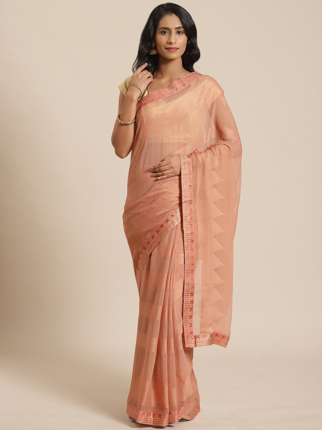 

Mitera Peach-Coloured Striped Saree