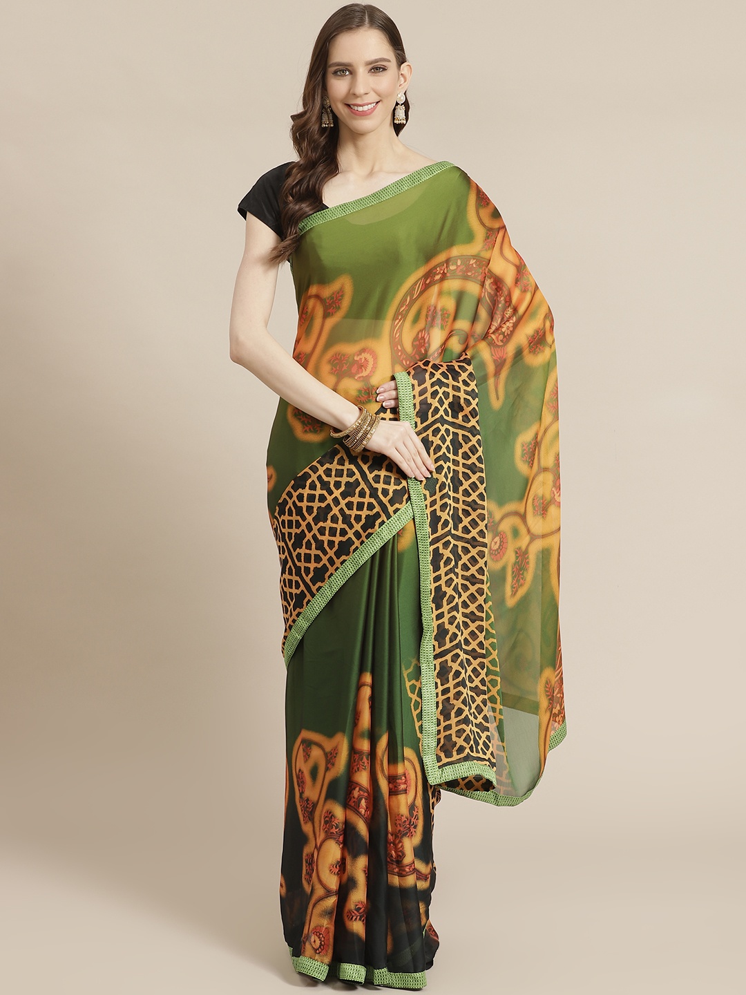 

KALINI Olive Green & Mustard Yellow Poly Georgette Ethnic Motifs Print Saree