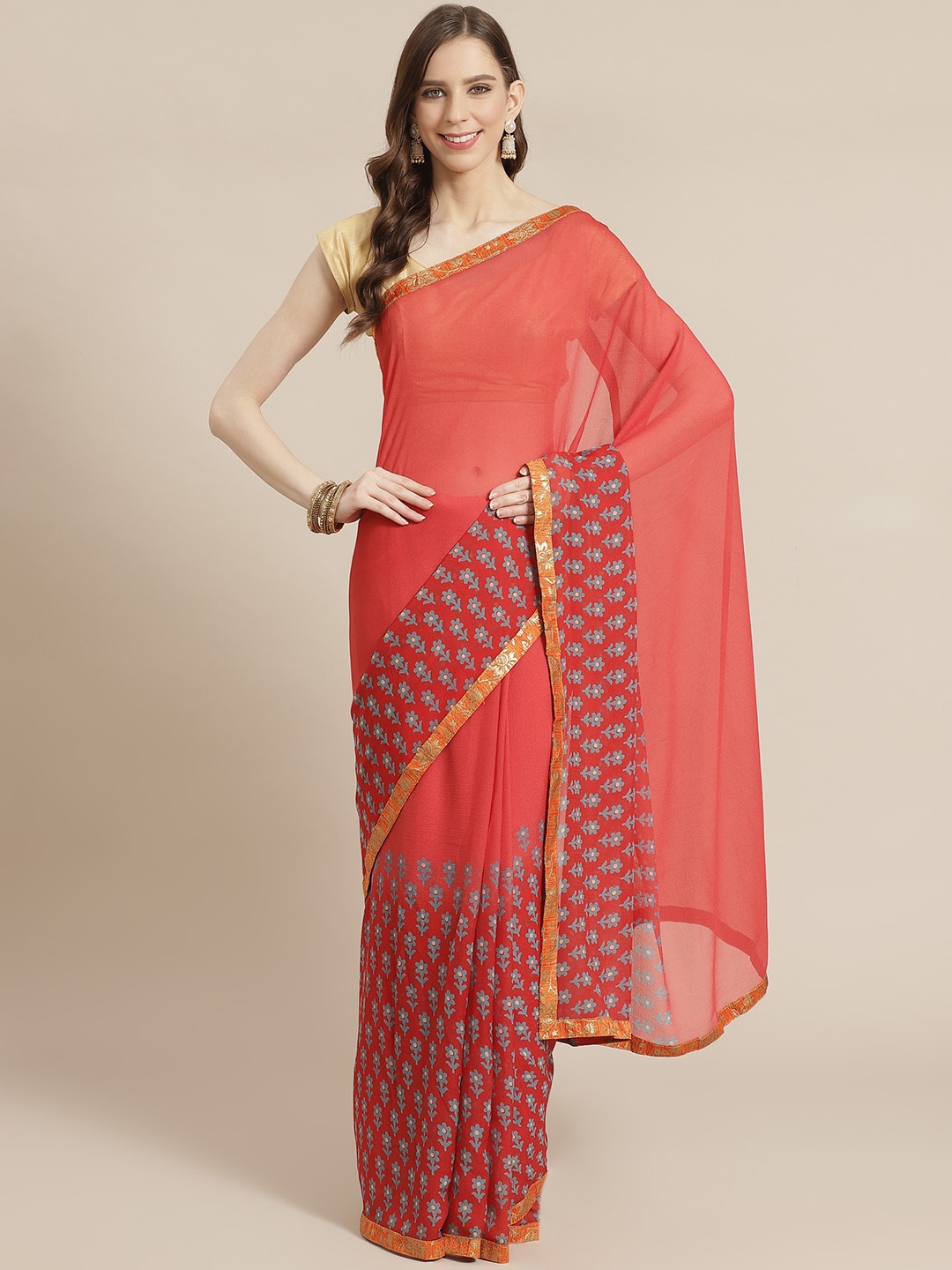 

KALINI Coral & Blue Printed Saree