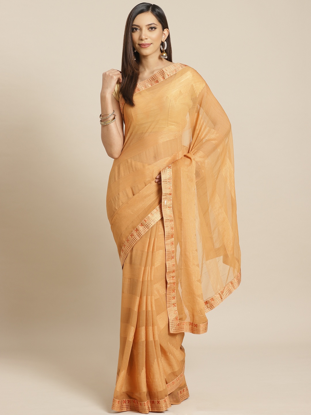 

Mitera Peach-Coloured & Beige Brasso Self-Striped Saree