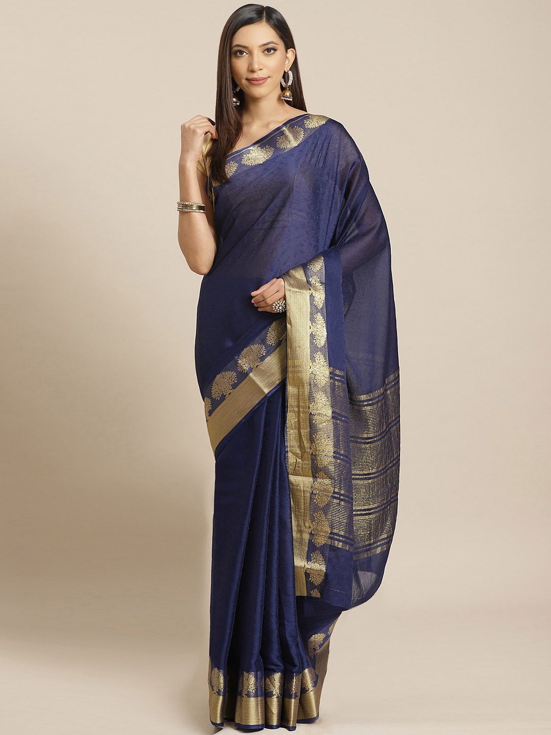 

Mitera Navy Blue & Golden Solid Saree