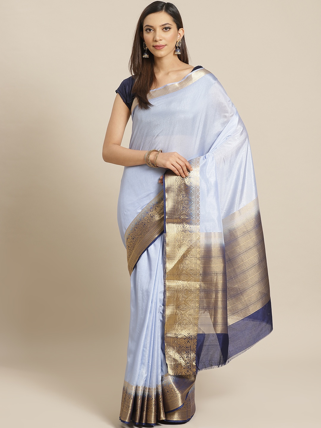 

Mitera Blue Solid Kanjeevaram Saree
