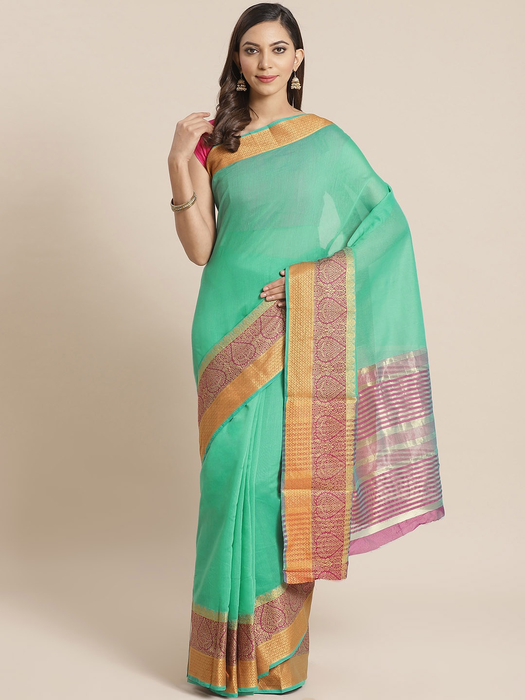 

Mitera Green Solid Saree