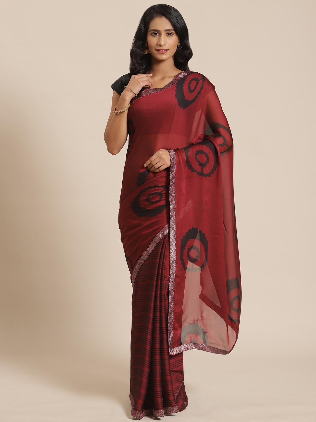 

KALINI Maroon & Black Striped Saree
