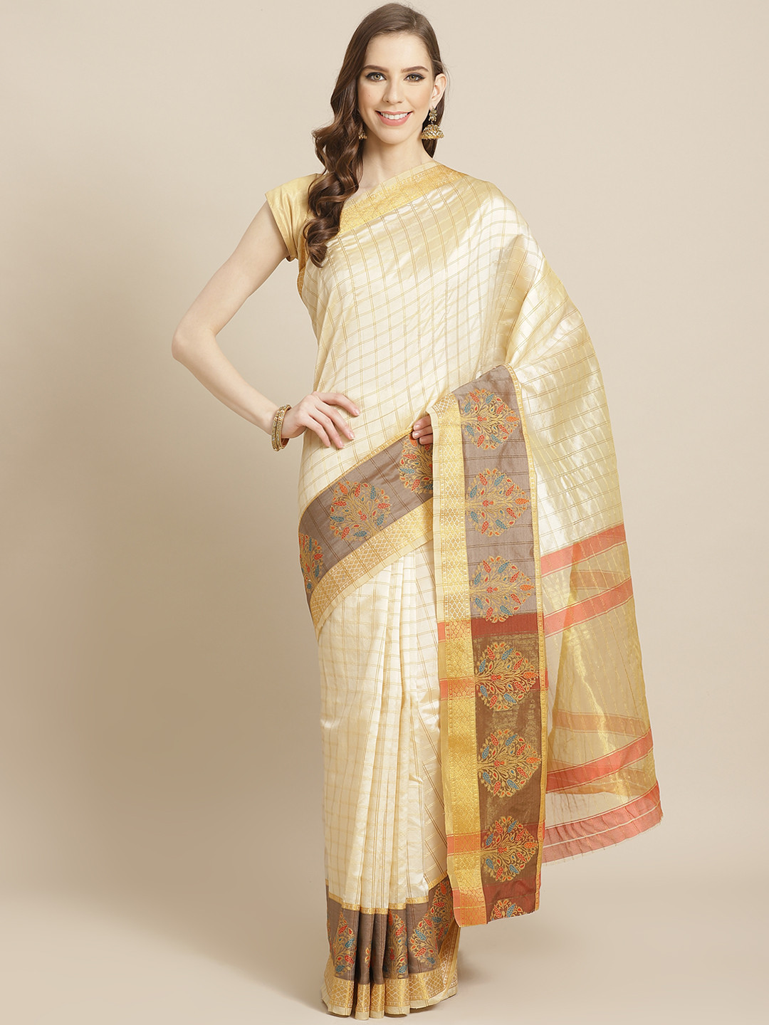 

Mitera Off-White & Golden Zari Checked Saree