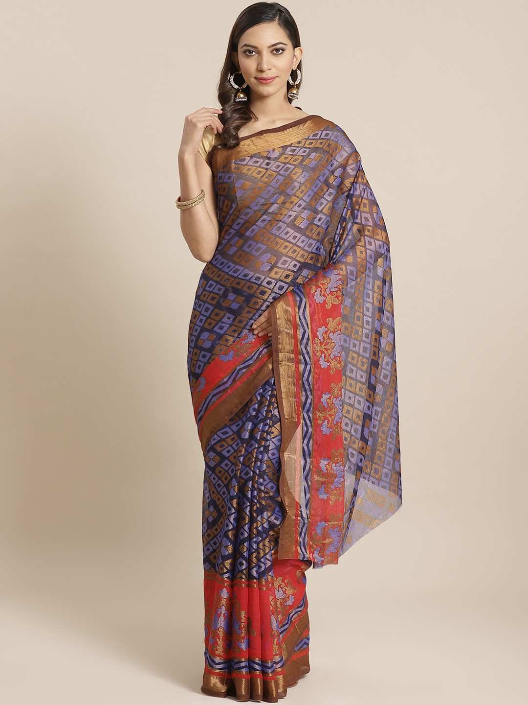 

Mitera Navy Blue & Golden Ethnic Motifs Print Saree