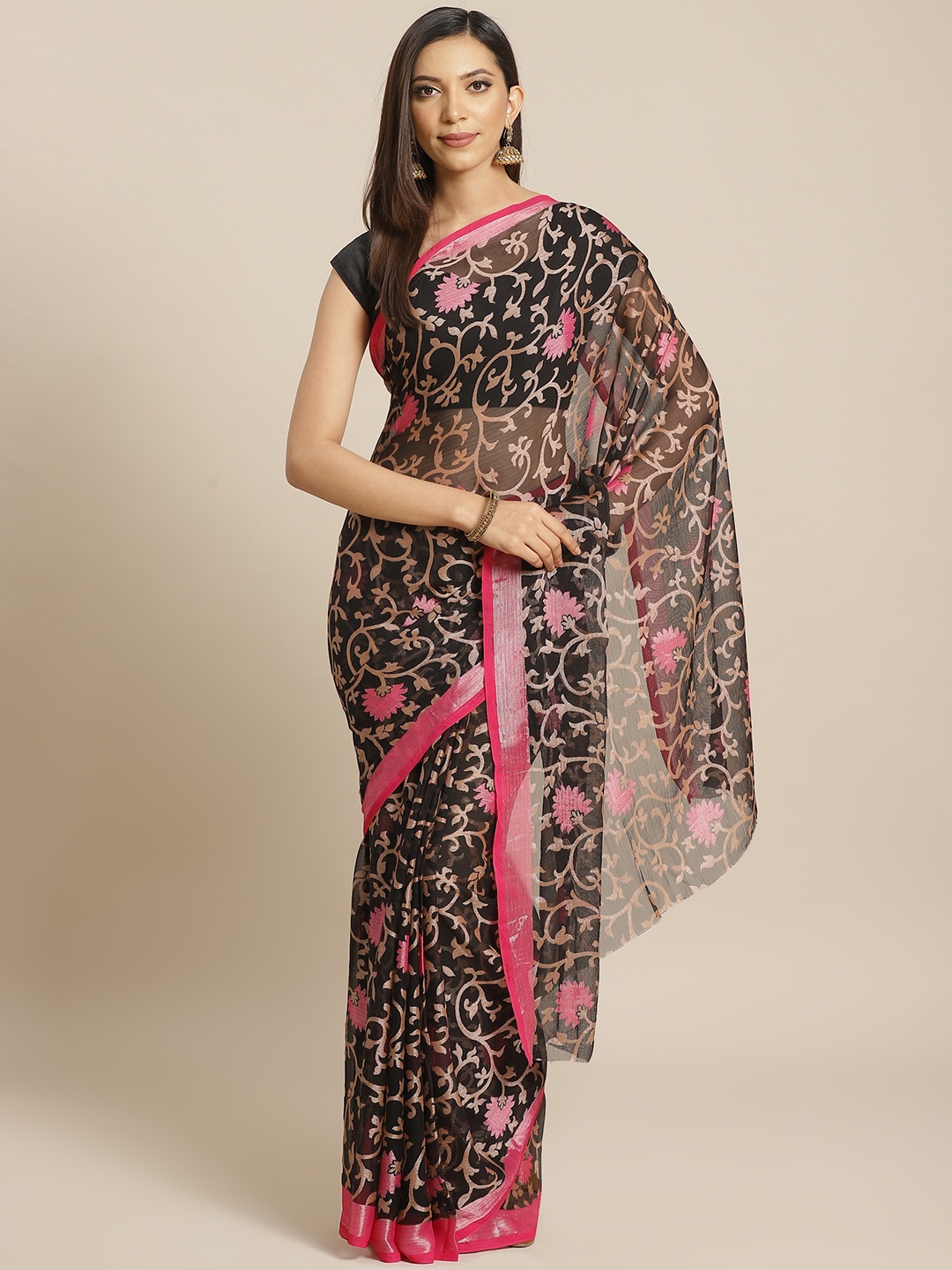 

Mitera Black & Pink Printed Saree