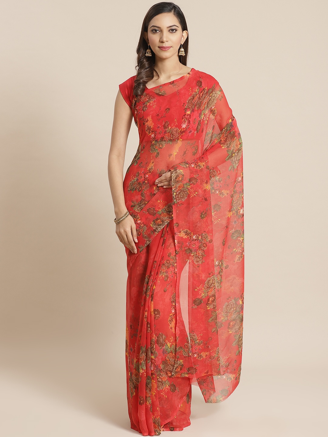 

KALINI Red & Brown Floral Print Saree