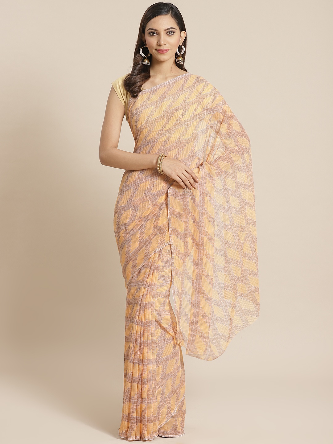 

KALINI Peach-Coloured & Beige Printed Saree