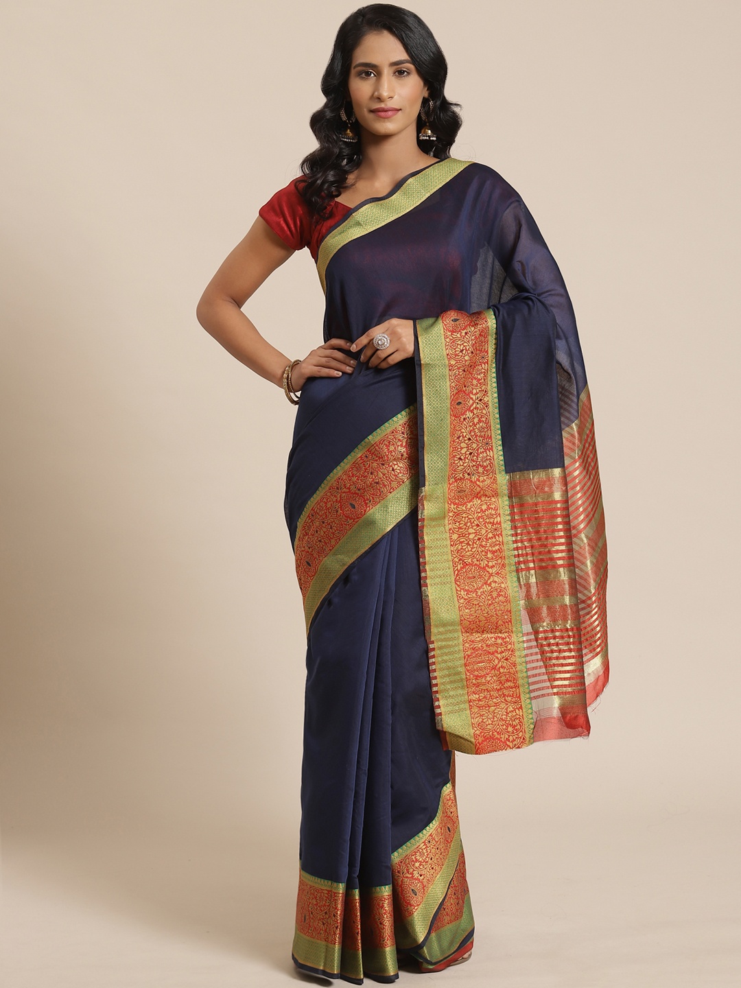 

Mitera Navy Blue Solid Saree