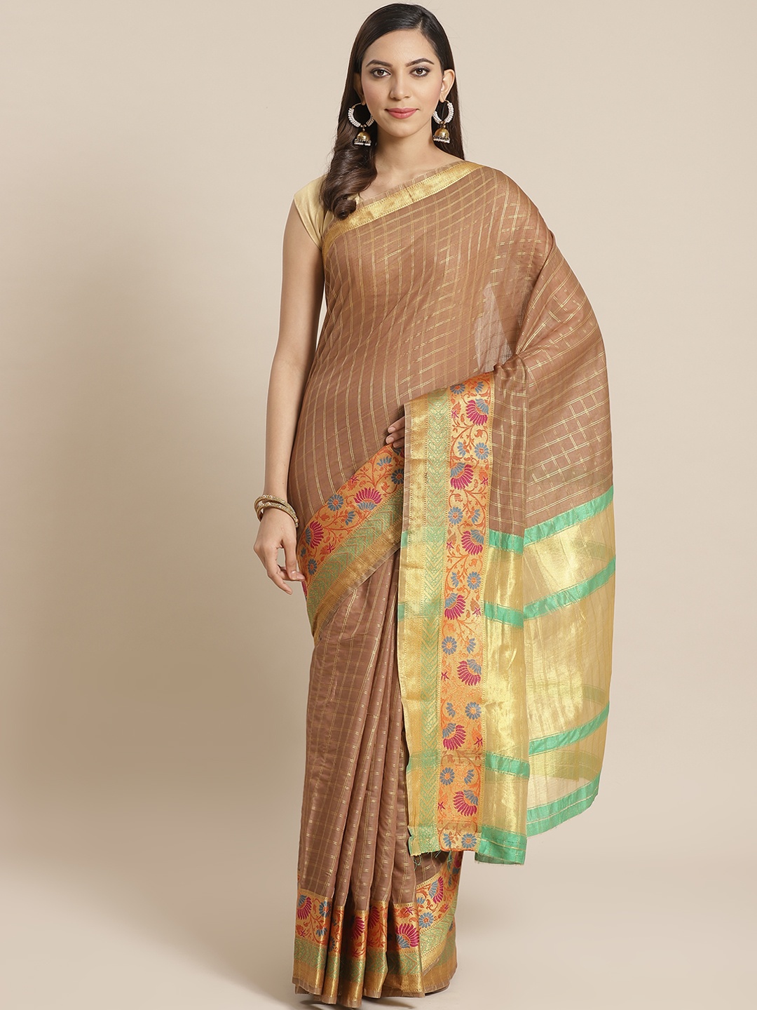 

Mitera Brown & Golden Checked Saree With Zari Detail