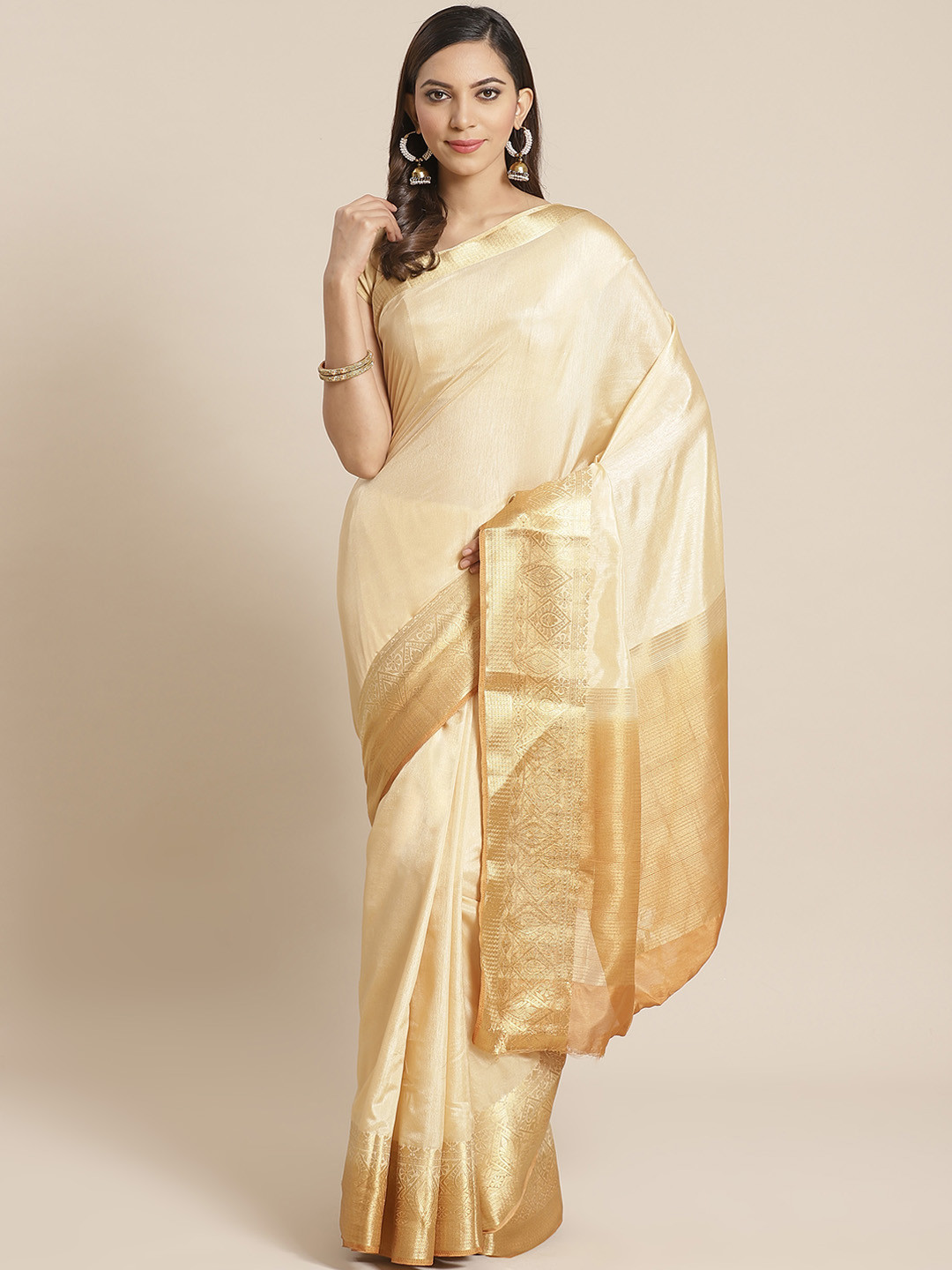 

Mitera Beige Solid Kanjeevaram Saree With Zari Detail