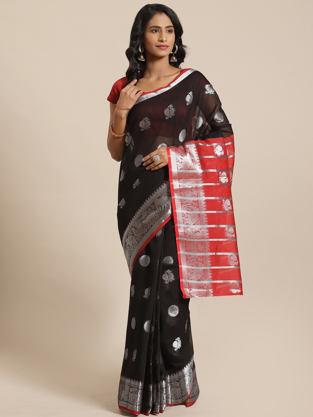 

Mitera Black & Silver Zari Woven Design Saree