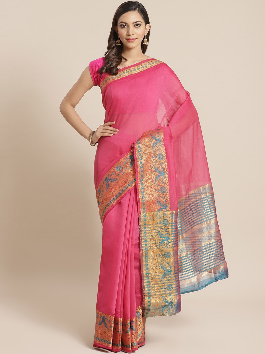 

Mitera Pink Solid Saree With Zari Detail