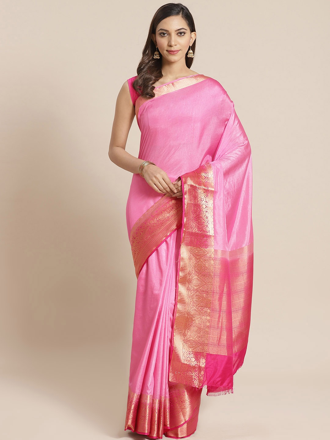 

Mitera Pink Solid Kanjeevaram Saree With Zari Detail