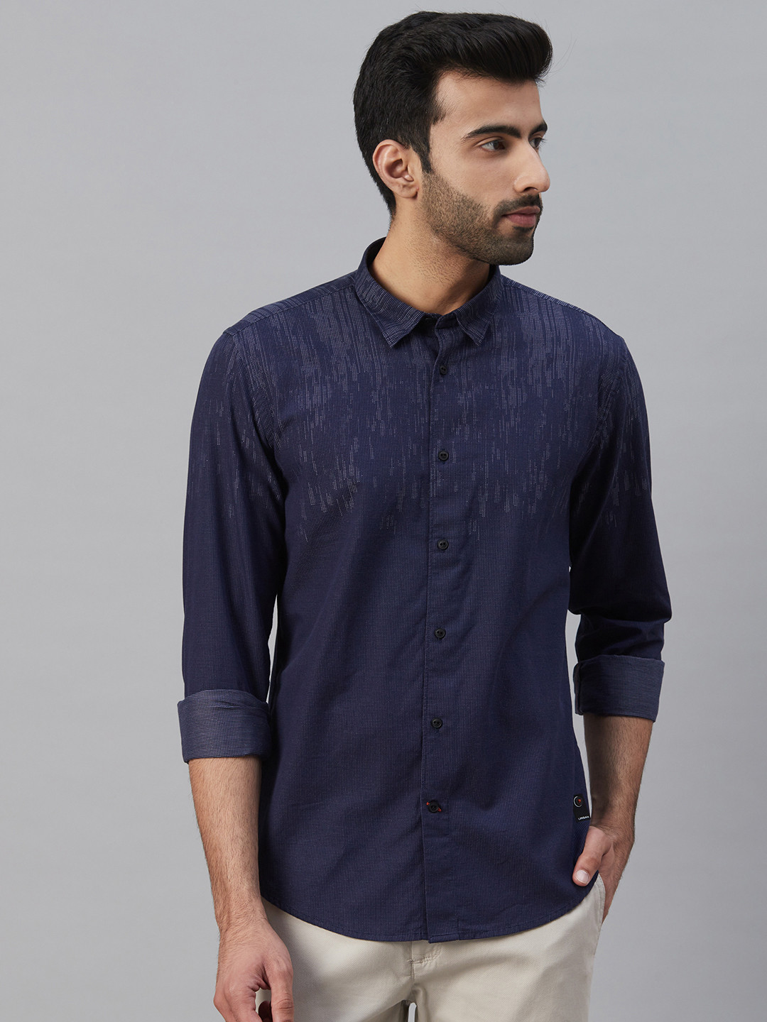 

Blackberrys Men Navy Blue & White Trim Slim Fit Self Design Casual Shirt