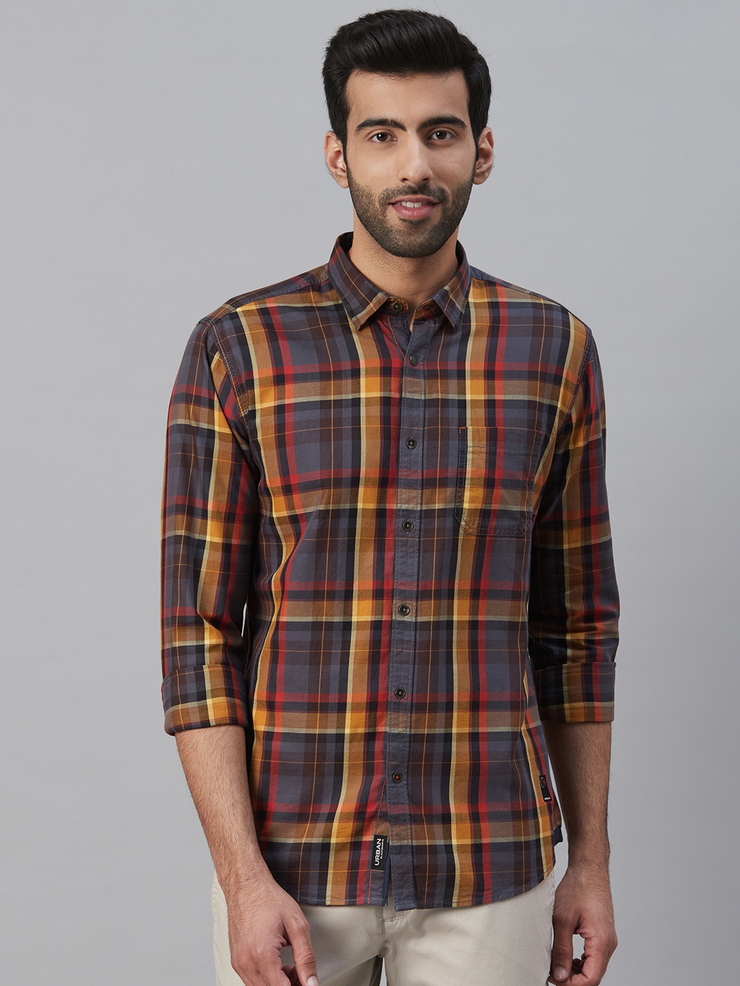 

Blackberrys Men Charcoal Grey & Mustard Yellow Slim Fit Checked Casual Shirt
