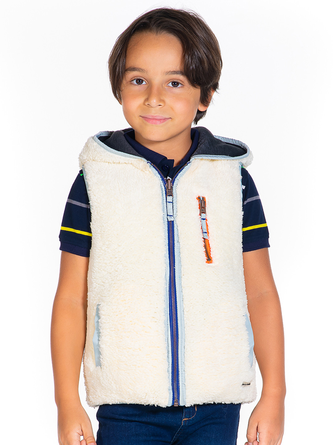 

Cherry Crumble Kids Blue & Off-White Solid Reversible Hodded Padded Jacket