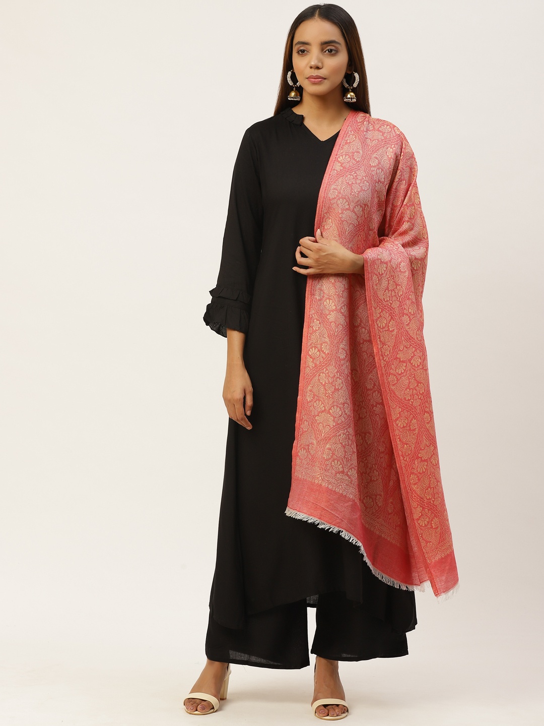 

Anekaant Women Coral Pink & Golden Zari Ethnic Motifs Woven Design Shawl