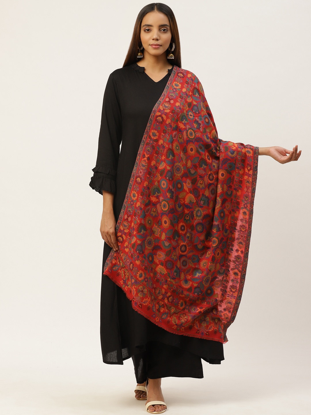 

Anekaant Women Red & Blue Ethnic Motifs Woven Design Woolen Shawl