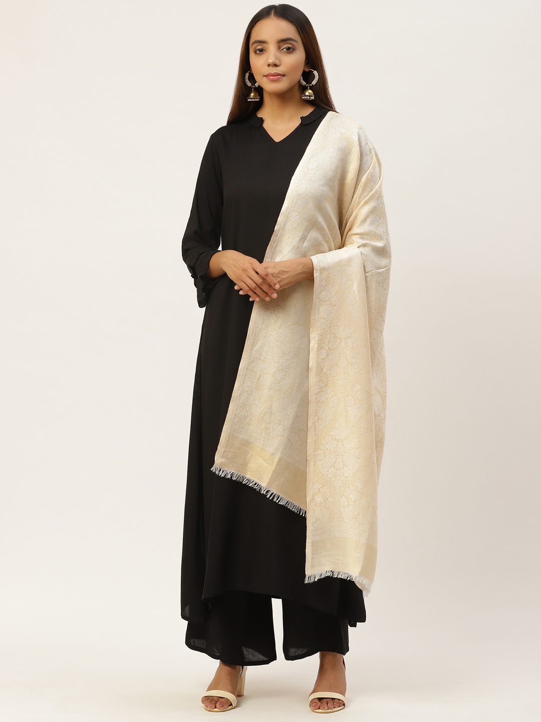 

Anekaant Women Cream-Coloured & White Zari Ethnic Motifs Woven Design Shawl