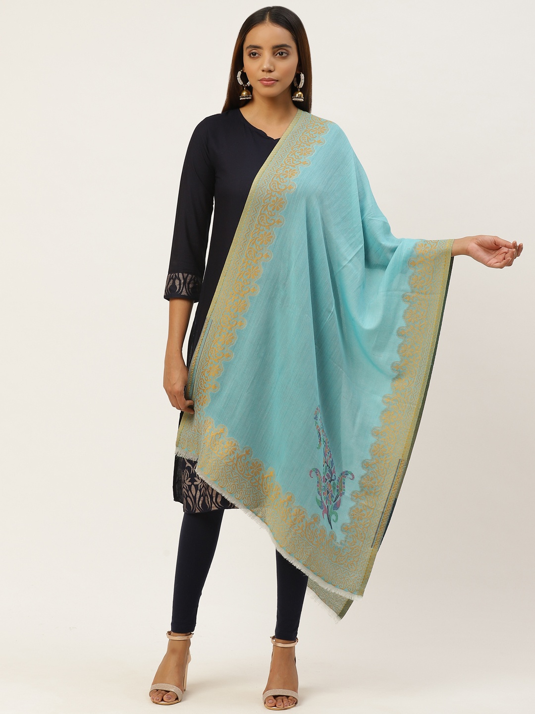 

Anekaant Women Blue & Golden Zari Ethnic Motifs Woven Woolen Shawl
