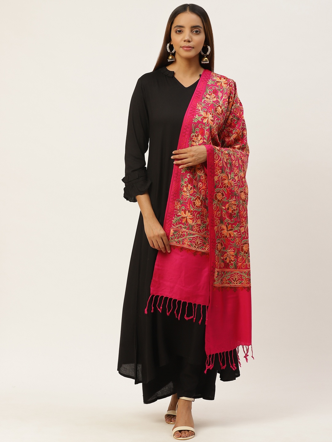 

Anekaant Women Fuschia & Orange Ethnic Motifs Embroidered Shawl, Fuchsia