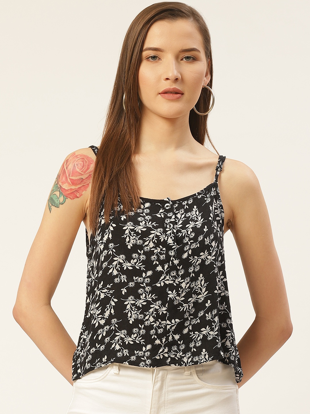 Trend Arrest Women Black & White Floral Print Top